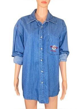 Vtg Hard Rock Cafe Denim Button-Down Shirt Baltimore Embroidered Logos Cotton M